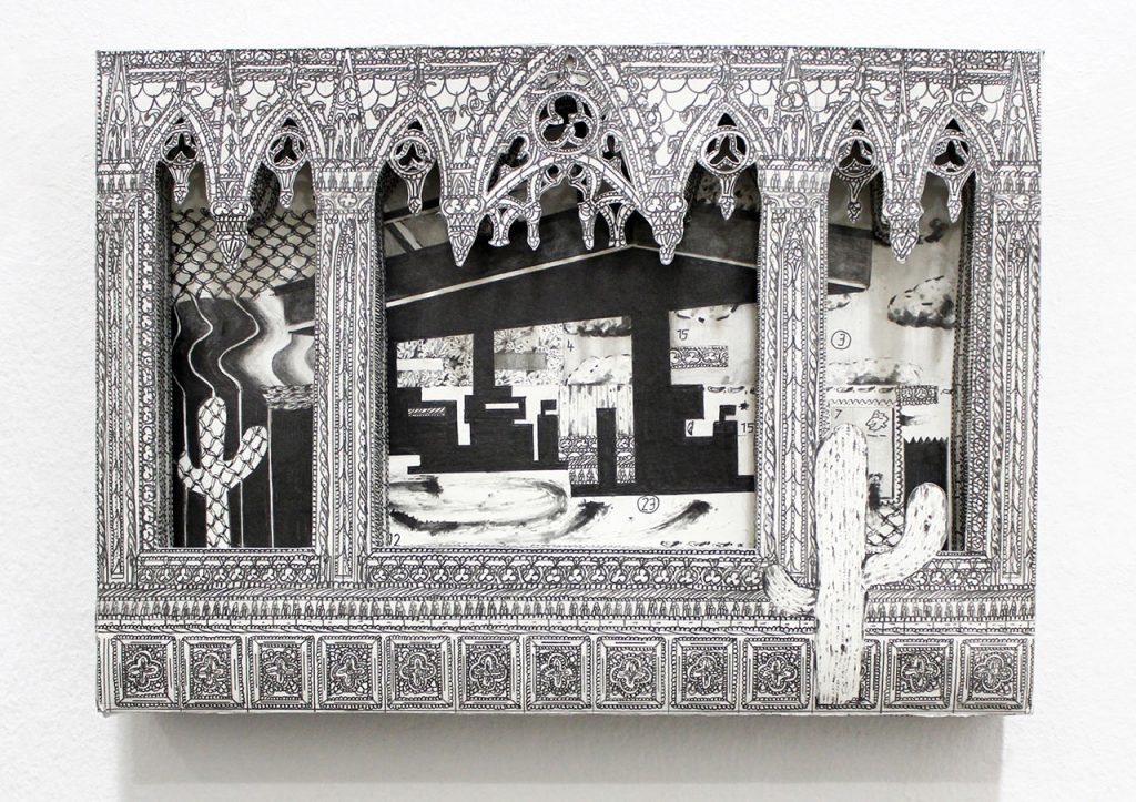 drawing pencil paper zeichnung detail contemporary patrick roman scherer ornament vienna fine art medieval gothic architecture cactus gasoline station desert cut out fragile object shrine pattern